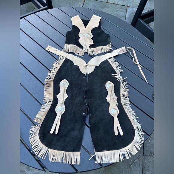 Homemade Kids Cowboy Costume with Fringe, Black Leather Suede 2 Piece,Unisex - Picture 1 of 16